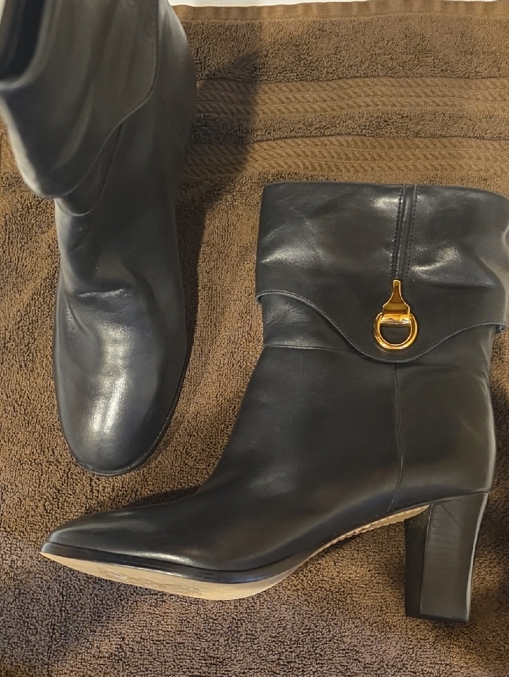 Black Mid-Calf Heeled Boots with Gold Buckle